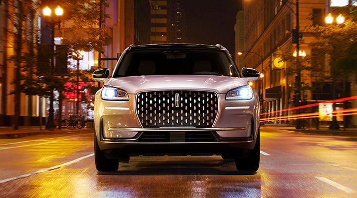 The striking grille of a 2024 Lincoln Corsair® SUV is shown. | Preston Lincoln in Hurlock MD